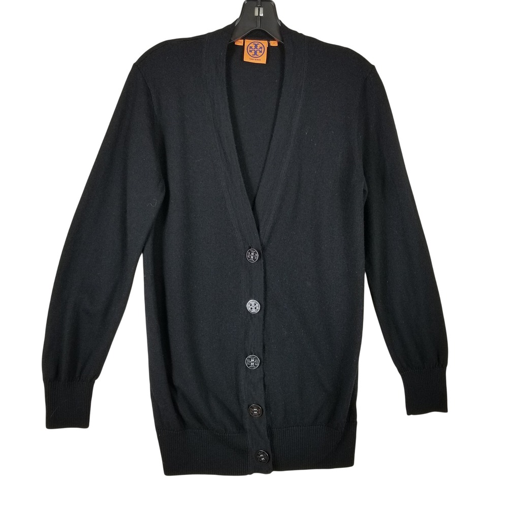 Tory Burch Simone Black 100% Merino Wool V-Neck Logo Button Cardigan Sweater S